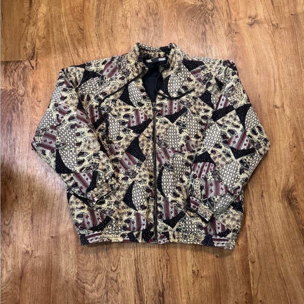 Vintage Robert Stock Silk Bomber Jacket Men's L Paisley Geometric Art to Wear